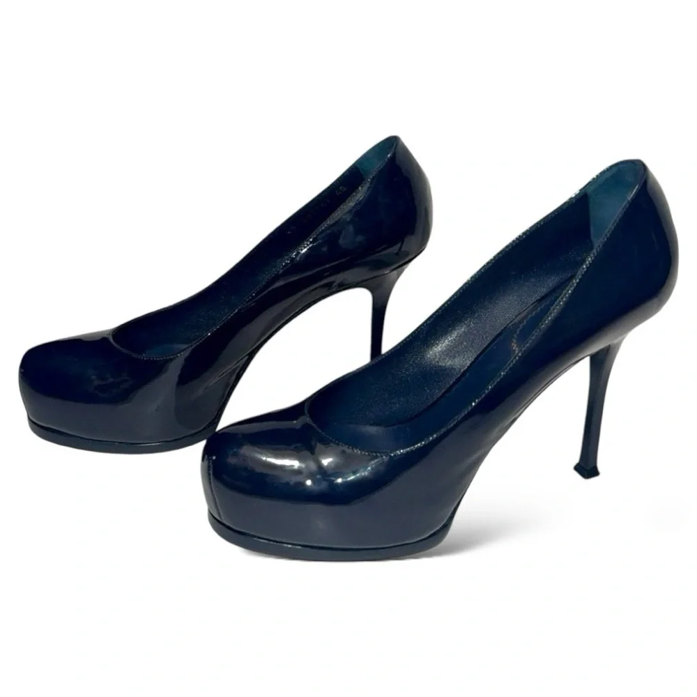 SAINT LAURENT Tribtoo 80 Patent Navy Blue Leather Heel Round Toe Pumps Size 40 - Picture 3 of 16